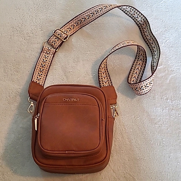 Women's Crossbody Purse Embroidered Vegan Leather Oblong Brown Boho Adjustable - Picture 3 of 12